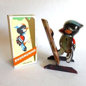 VINTAGE WIND UP TIN TOY WOODPECKER BIRD PECKING AT TREE ON STAND